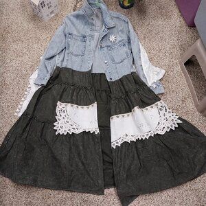 3612 Size XL Upcycled Jean Jacket Tunic Embellished with Lace Trim .